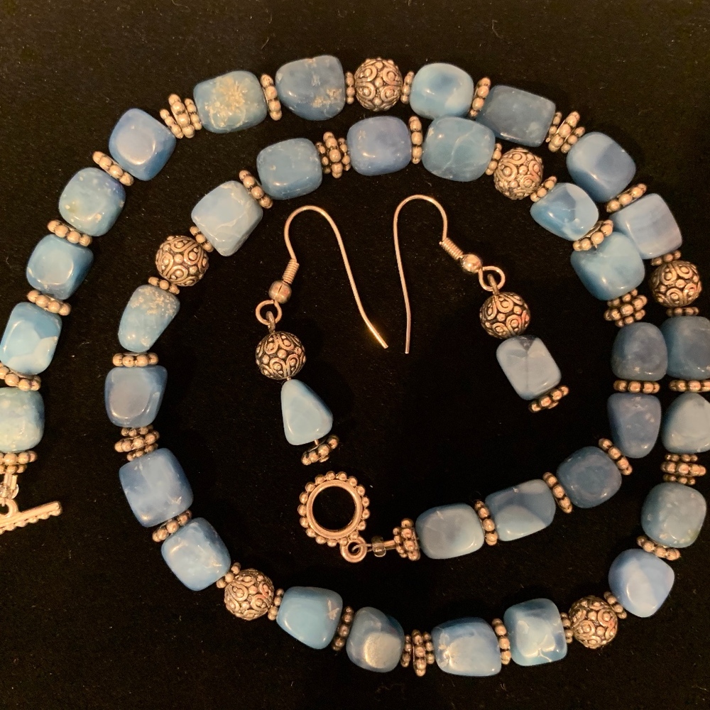 Blue and silver necklace and earrings